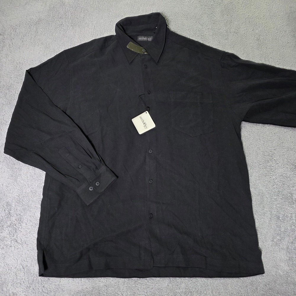 Anthology Mens Large Button Down Shirt Black 100% Silk Herringbone Long Sleeve